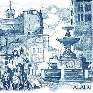 Un disegno in cui si vedono la fontana di piazza santa Maria Maggiore di Alatri