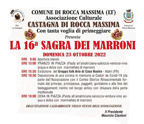 Programma della sedicesima edizione della sagra dei marroni di Rocca Massima.. Alle 15:30 del 23 Ottobre 2022 vi aspettiamo per la nostra esibizione